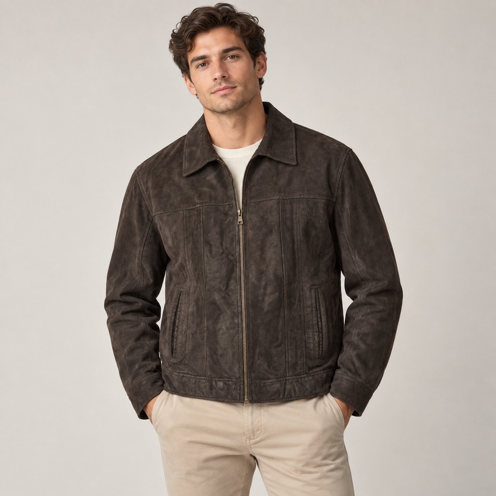 Jos. A. Bank Leather Jacket Mens XL Nubuck Chocolate Brown Zip Front Classic